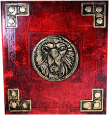 A book cover with appliqué lion’s head